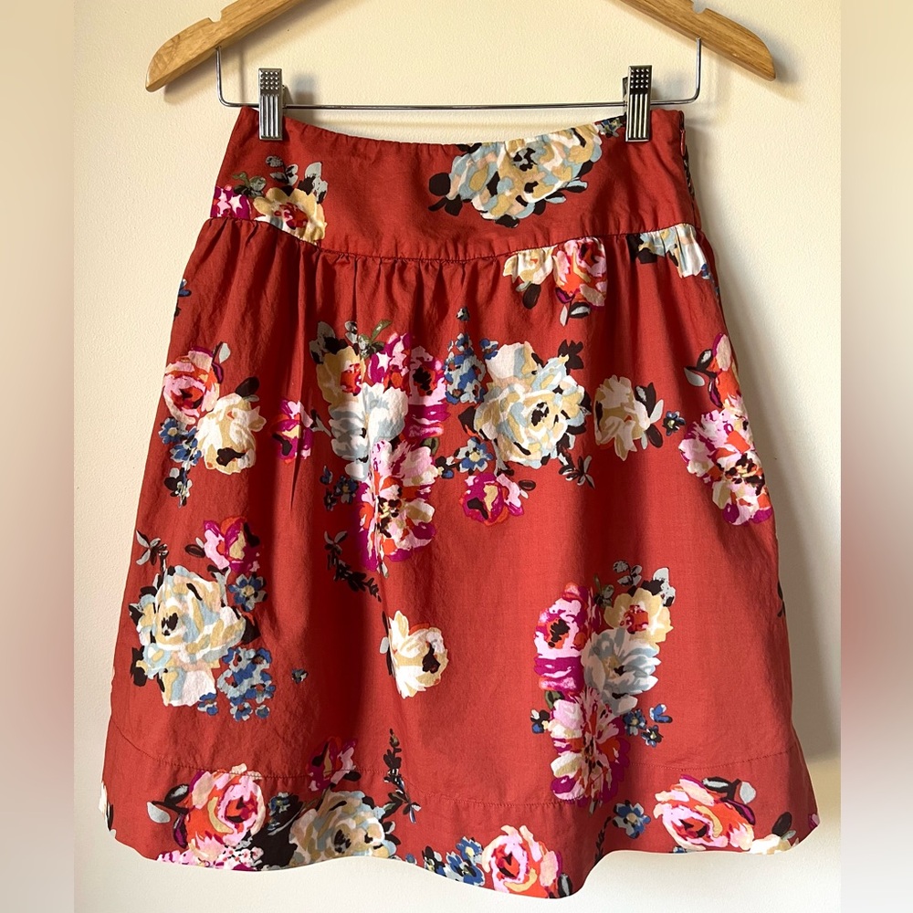 Garnet Hill Women’s Burnt Orange Floral Pattern Cotton Lined Side Zip Skirt 4P - Picture 2 of 11